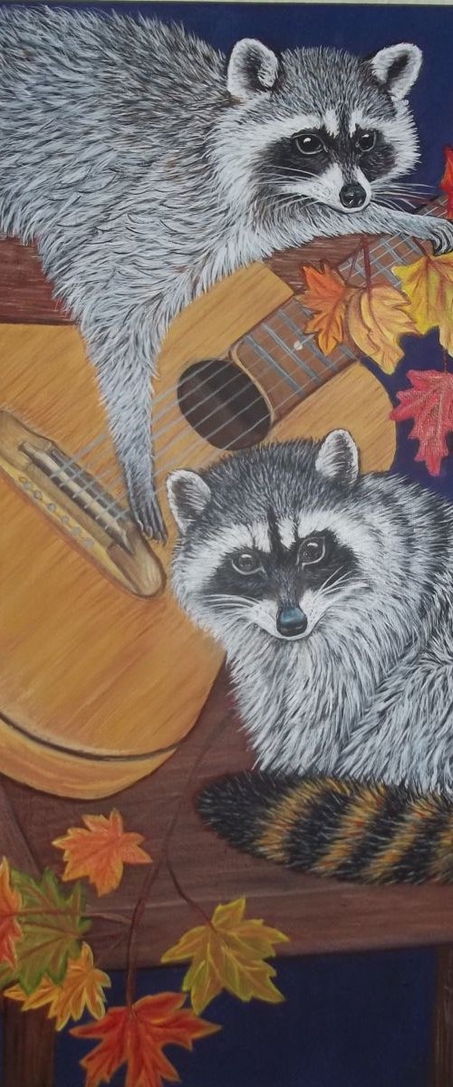 original oil painting- Still life, Raccoon and Guitar size 16"x 20" x 1" by Sofya Mikeworth