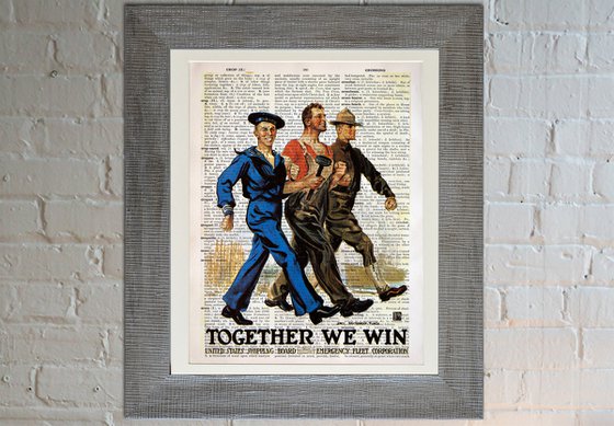 Together We Win - Collage Art Print on Large Real English Dictionary Vintage Book Page