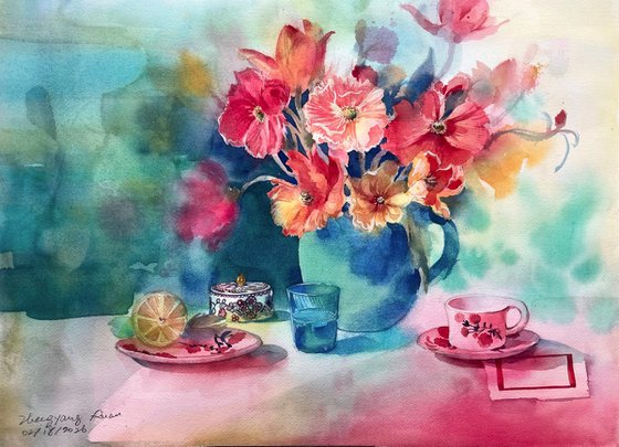 Flower and tea in the sunny corner