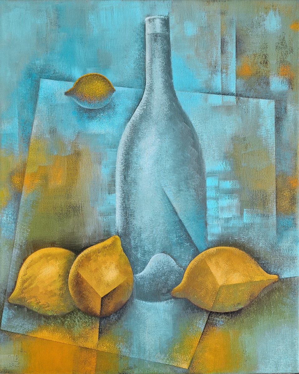 Geometric Still Life Oil Painting By Eugene Ivanov, 16 X 20, Blue Still Life With Lemons, Original Artwork