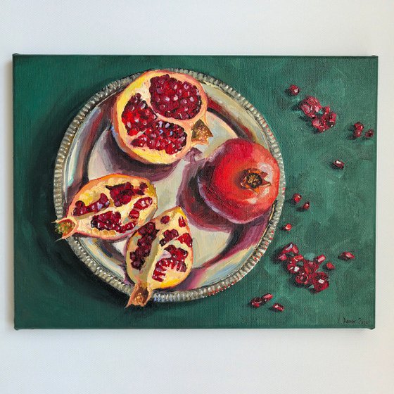 Pomegranates on metal tray