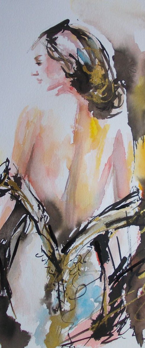Study for Velvet Sun III-Woman Watercolor and Ink on Paper by Antigoni Tziora