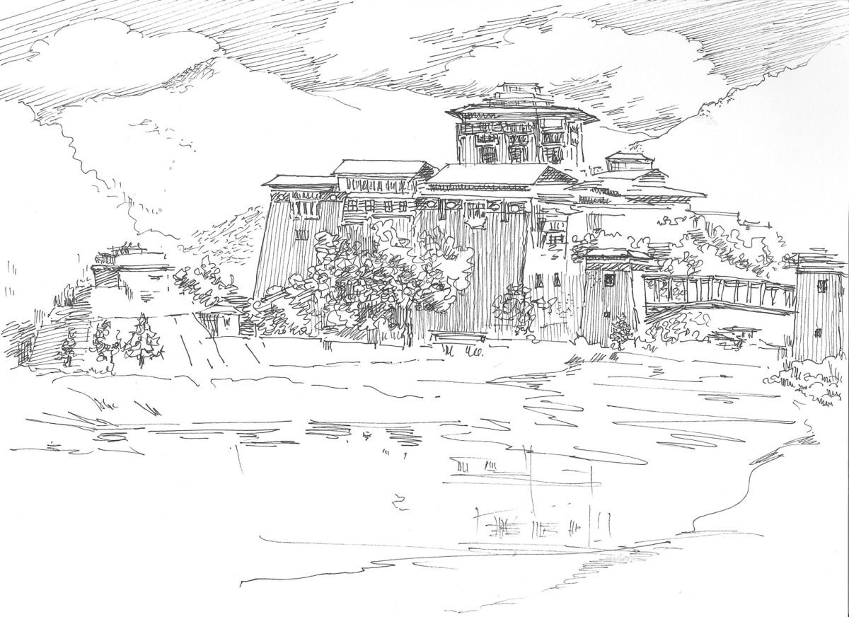 Pen drawing Monastery in Bhutan - Ink drawing-9.6x 7 by Asha Shenoy