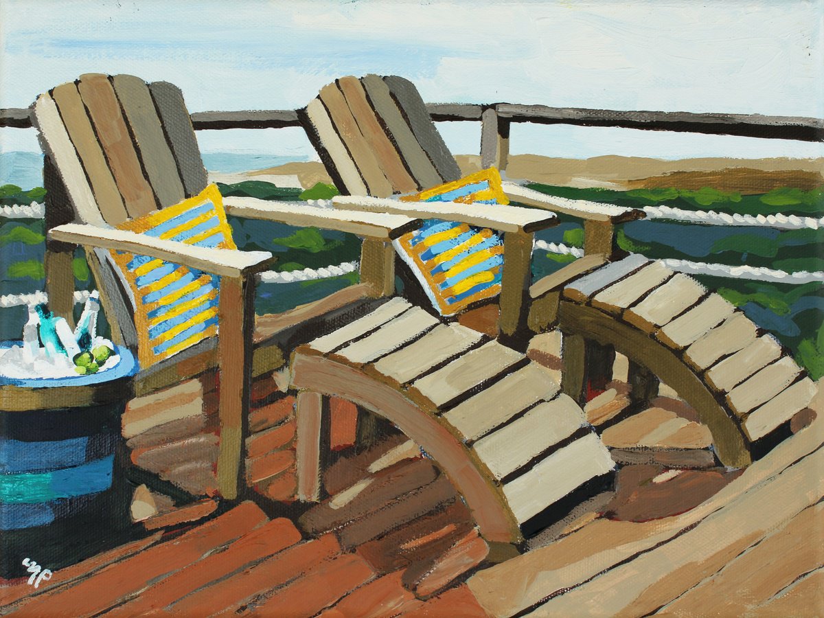 Impressionistic Landscape Acrylic Painting By Melinda Patrick, 12 X 9", Deck Retreat, Original Artwork