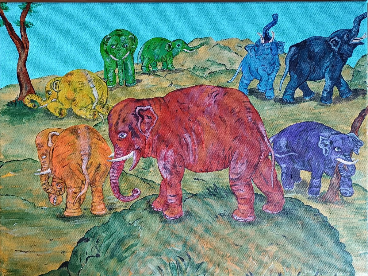 Expressive Animal Acrylic Painting By Corinne Hamer, 16 X 12, Rainbow Elephants, Original Artwork