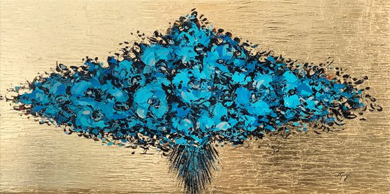 Bouquet - Original Abstract Teal Blue Gold Large Painting, Living Room Art, Minimalist Art, Wall Art Decor