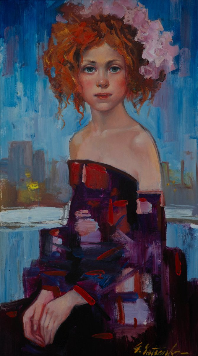 Impressionistic Portrait Oil Painting By Sergei Yatsenko, 20 X 36", Red-Haired Girl, Original Artwork