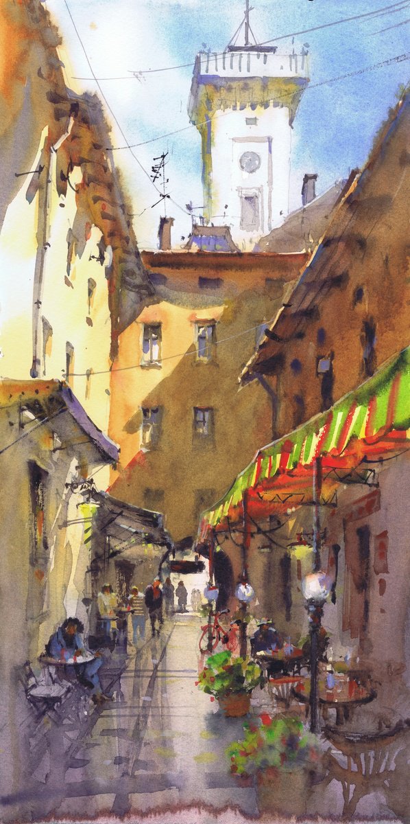 Expressive Cityscapes Watercolour By Samira Yanushkova, 8 X 16", At The Street Cafe, Original Artwork