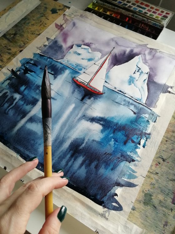 Red sailboat\ICEBERG PAINTING/ ANTARCTICA