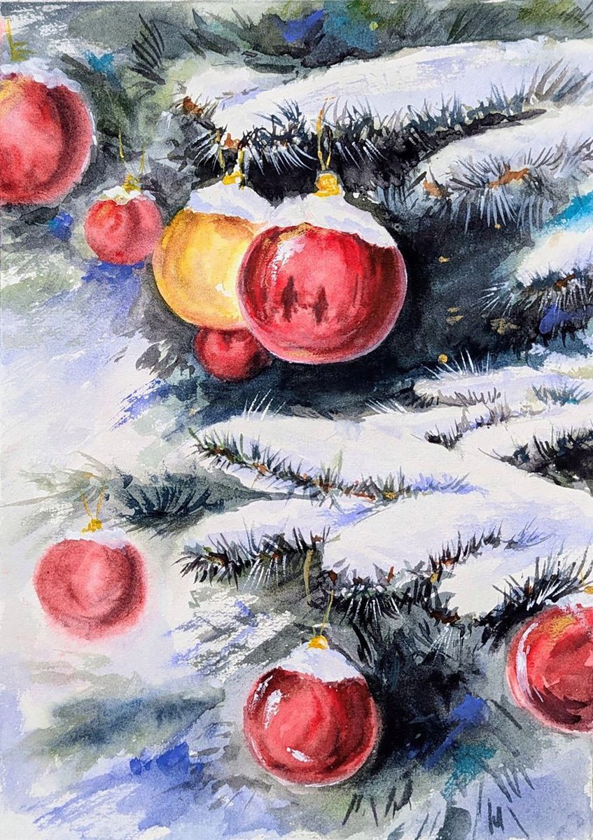 Impressionistic Watercolour , Christmas Baubles By Maryna Boiko, 8 X 12, Artwork For Sale On Artfinder