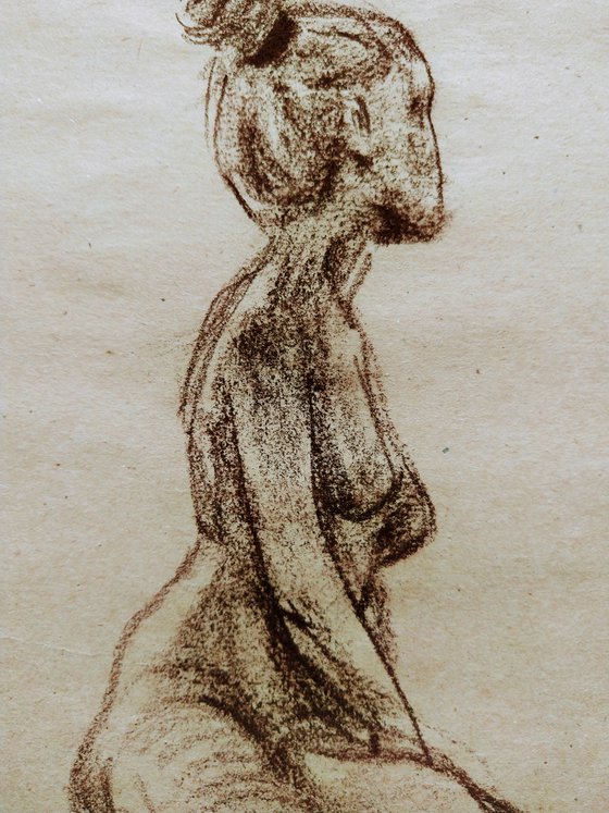 Nude. Sketch. Original pastel drawing on beige paper