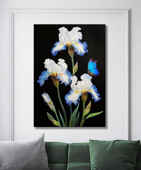 "Blue elegance", irises with butterfly