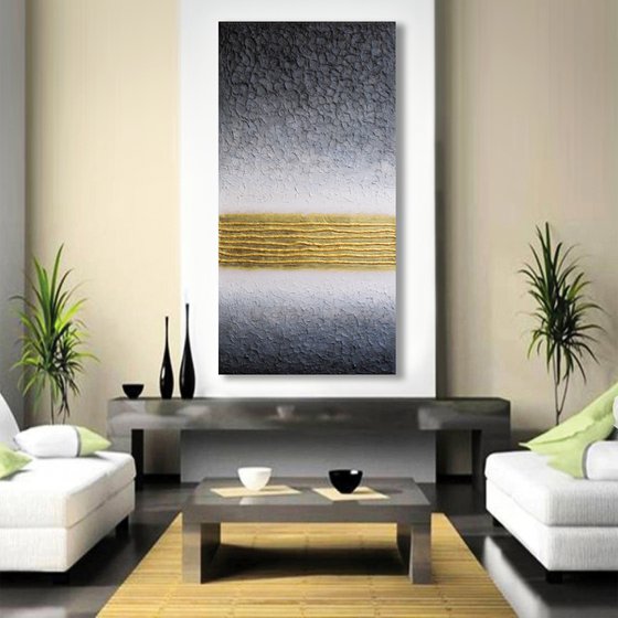 Large Abstract Painting with Gold Stripes and Relief Structure II