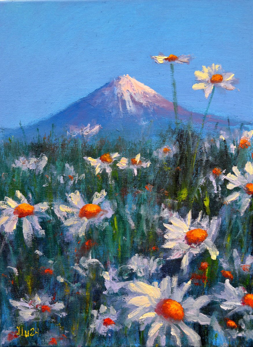 Expressive Landscape Oil Painting By Elena Lukina, 12 X 16, Japanese Meadow Daisies 40X30, Original Artwork