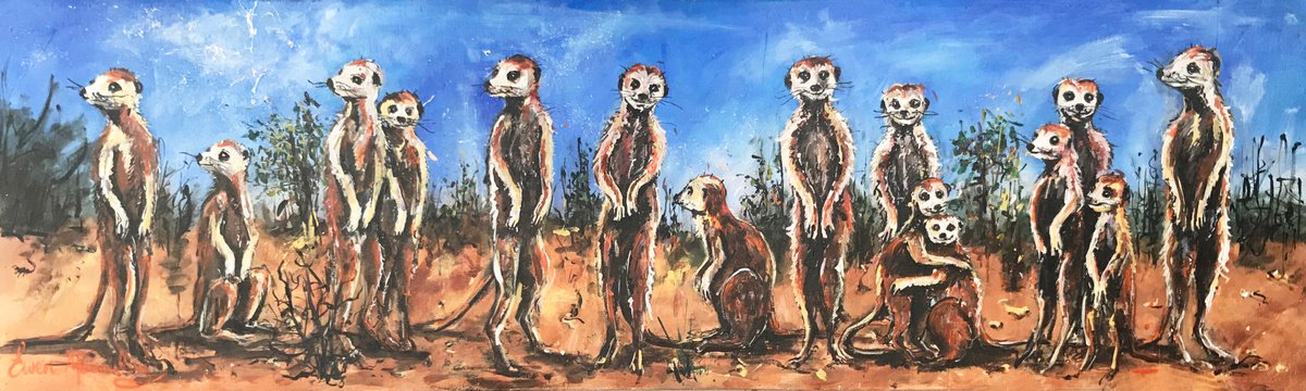 Impressionistic Animal Acrylic Painting By Ewen Macaulay, 48 X 14, Meerkats, Original Artwork