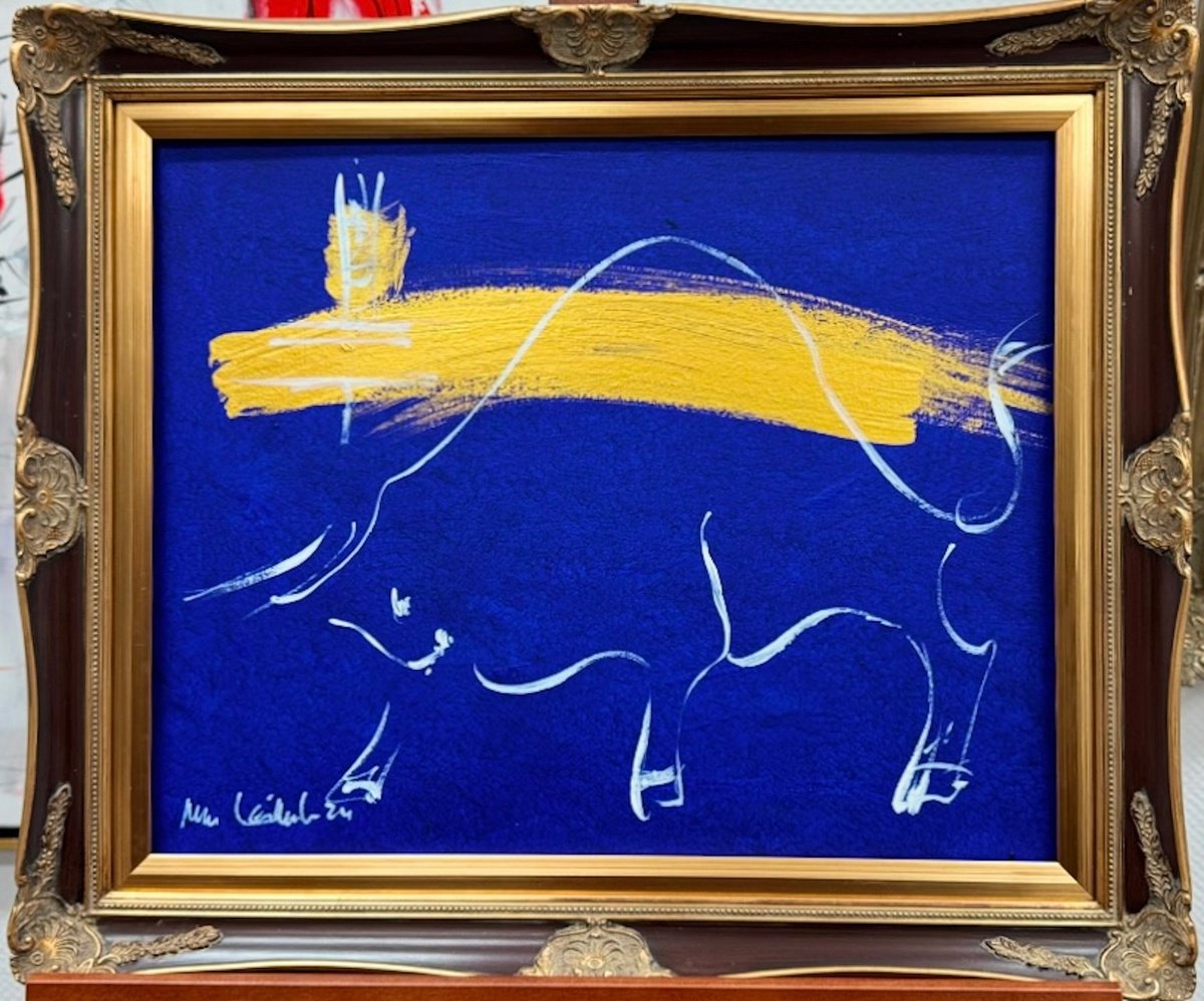 Expressive Animal Acrylic Painting By Nicole Leidenfrost, 24 X 20", Bull On Royal Blue, Original Artwork