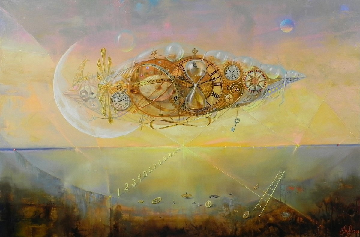 Surrealistic Landscape Oil Painting By Yurii Novikov, 47 X 31", "Time Airship", Original Artwork