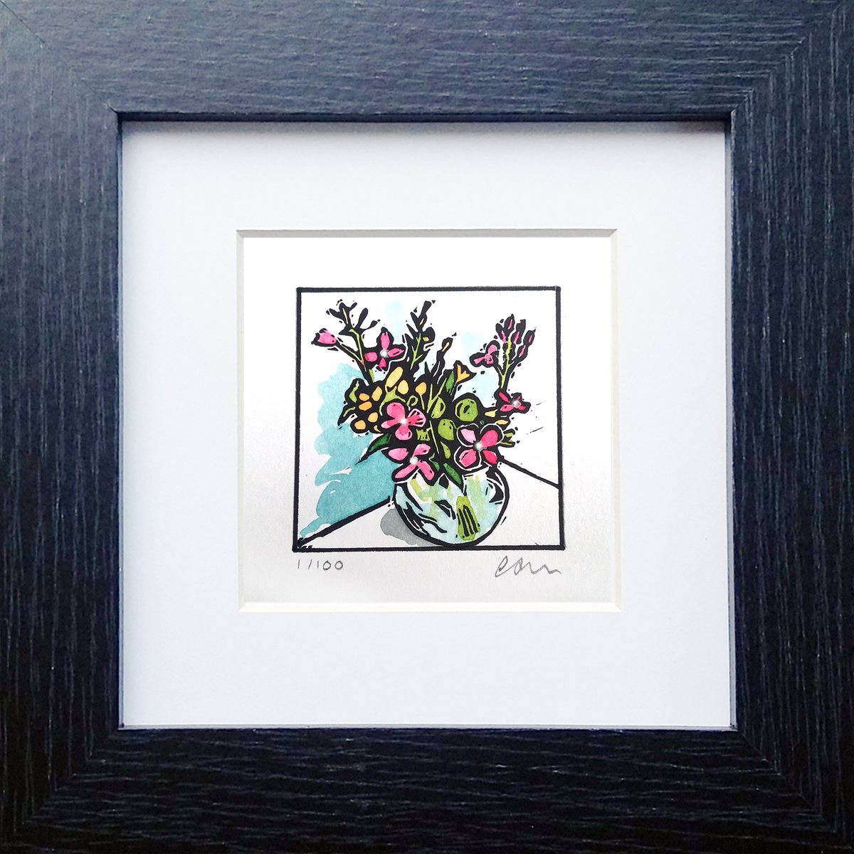 Glass bowl of flowers - Framed and ready to hang - miniature variable edition linocut prin... by Carolynne Coulson