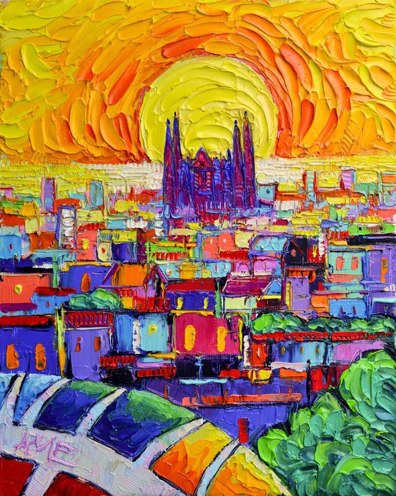 SAGRADA FAMILIA AT SUNRISE FROM PARK GUELL abstract stylized cityscape impasto textural modern impressionist palette knife oil painting by Ana Maria Edulescu