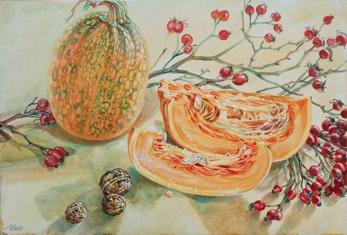 Photorealistic Still Life Oil Painting By Alona Lesnichenko, 28 X 20, Pumpkins And Rose Hips, Original Artwork