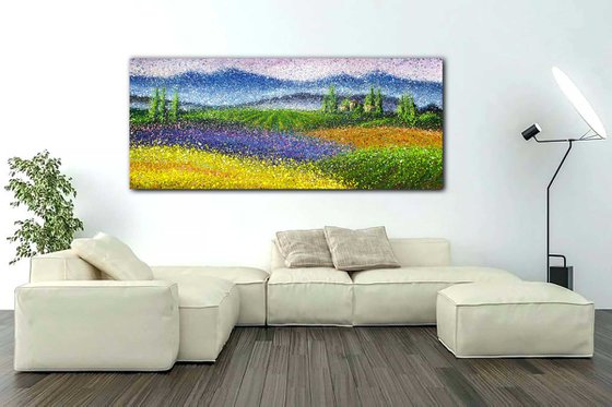 Large lavender wheat Impressionist Painting Large Summer fields Beautiful landscape