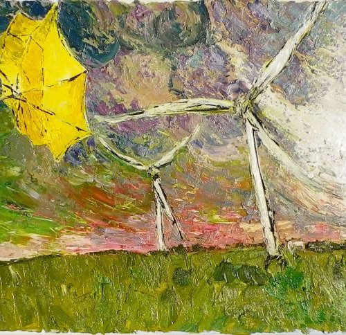 Girl in a red coat - Tilting at windmills by Richard Meyer
