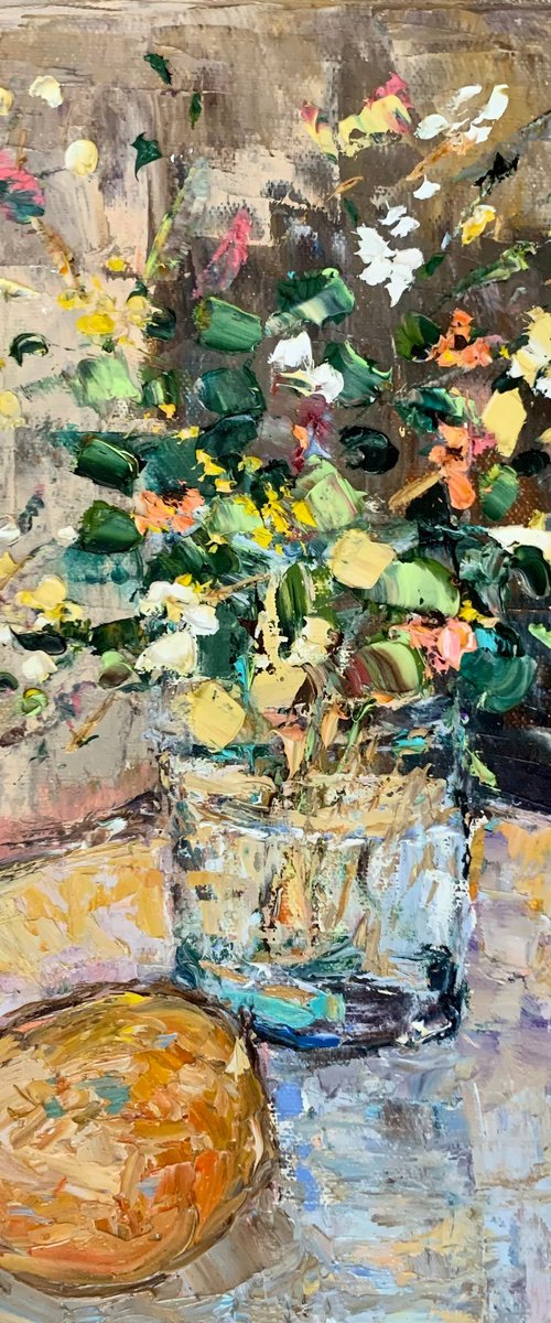 Still life with flowers and orange by Vilma Gataveckienė