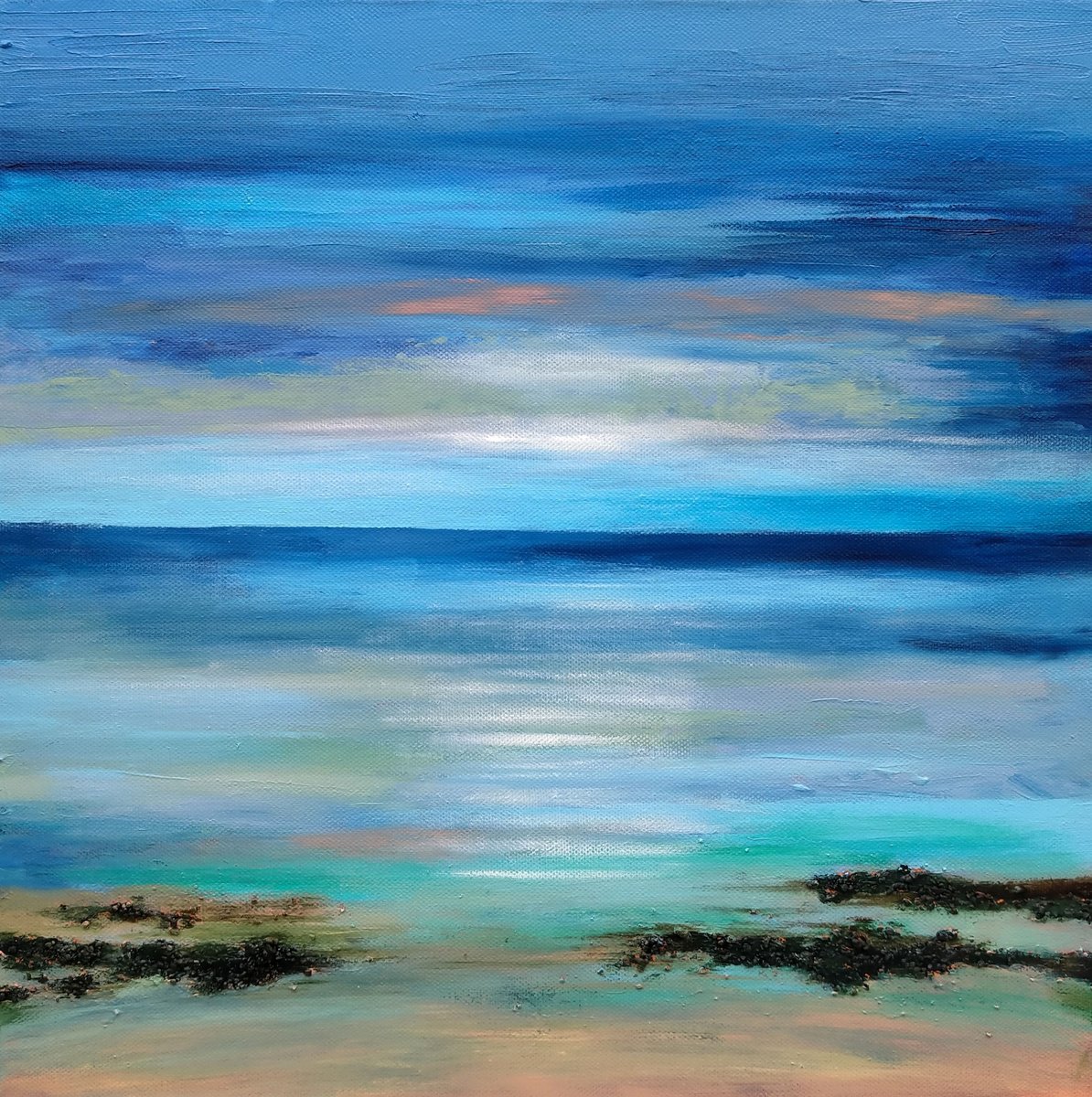 Impressionistic Landscape Acrylic Painting By Amanda Horvath, 16 X 16, Sunlight Over The Sea, Original Artwork