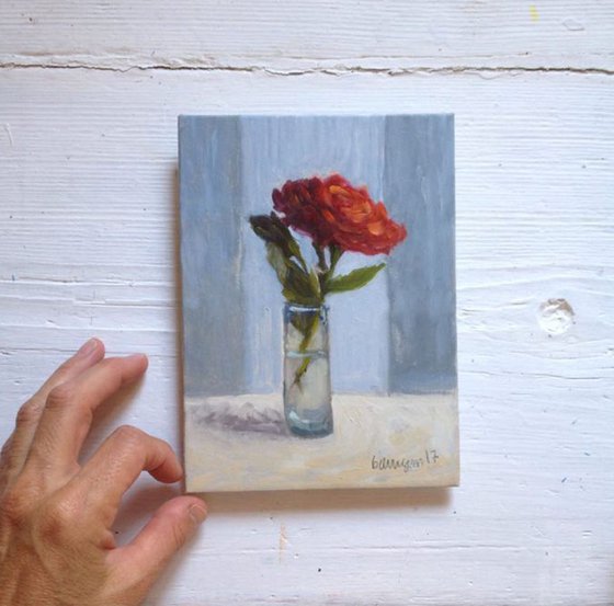 Red Rose Flower in Little Shotglass Still Life Oil Painting