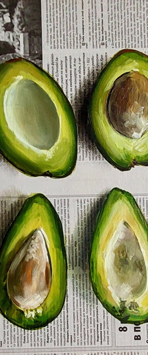 Avocado newspaper art by Svitlana Brazhnikova