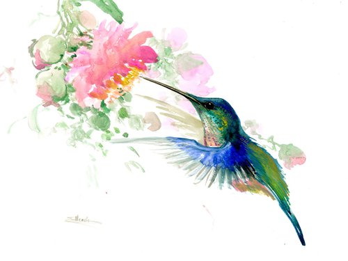 Hummingbird and Pink Flower by Suren Nersisyan