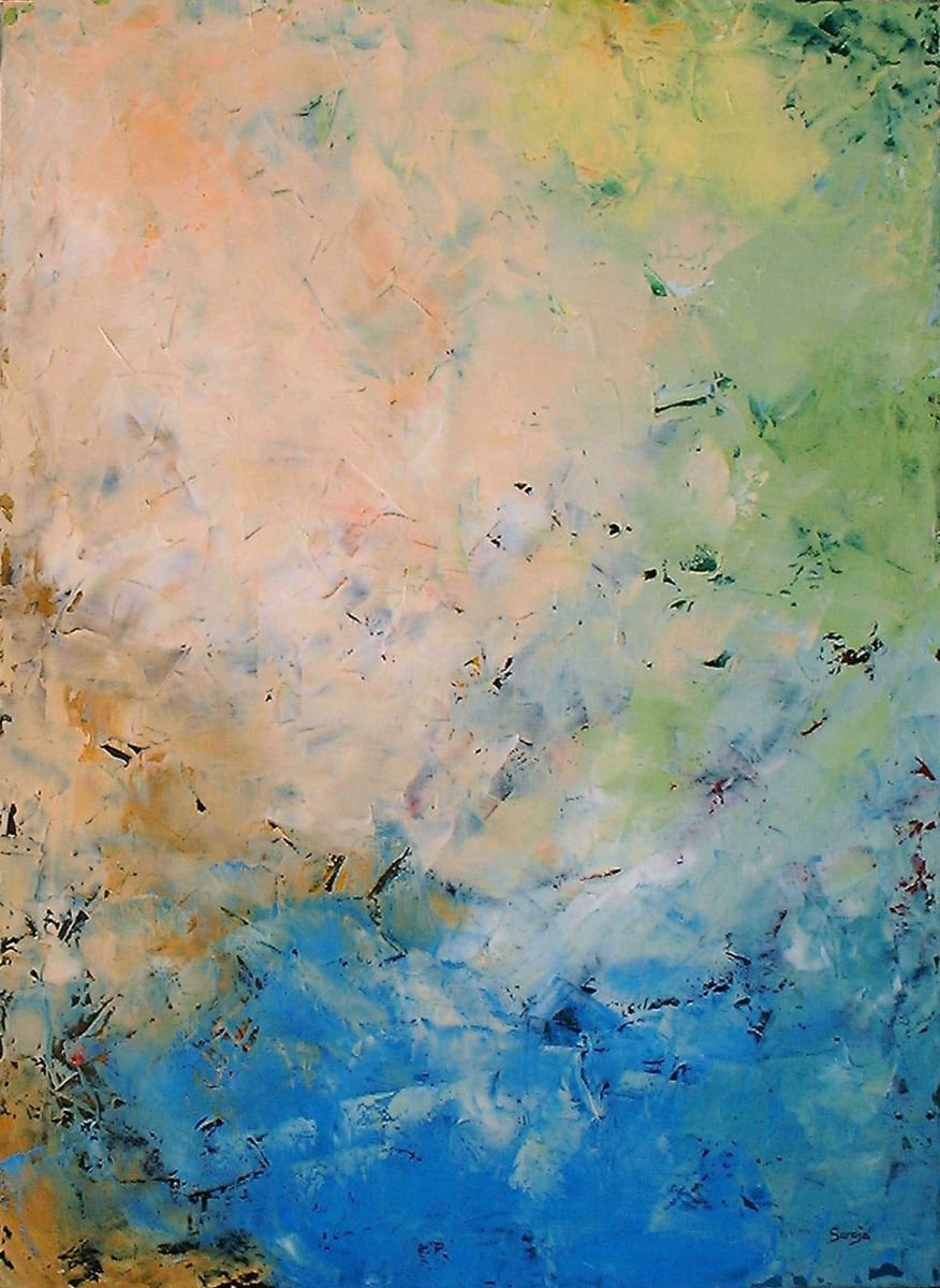 Abstract Landscape Oil Painting By Saroja Van Der Stegen, 25 X 33", Spring Salmon (Ref#:457-25P), Original Artwork