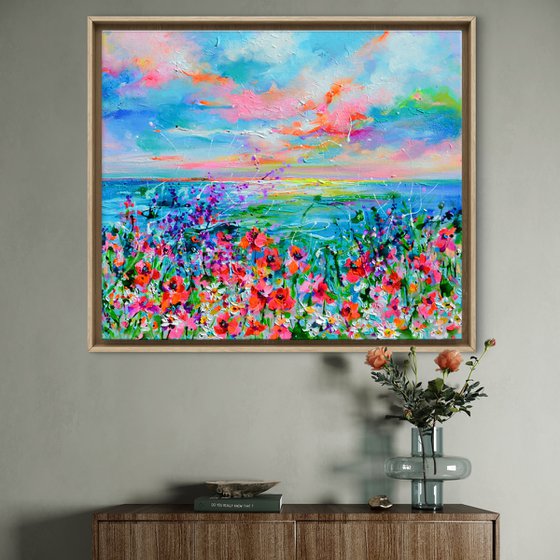 Wild Flowers and Poppies on the Seaside Cliff