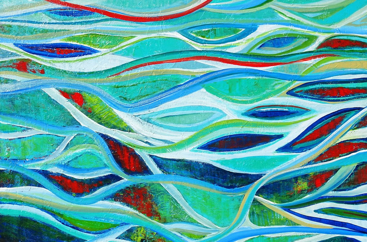 SEA GLASS. Teal, Blue, Aqua Contemporary Abstract Seascape, Ocean Waves Painting. Modern T... by Sveta Osborne