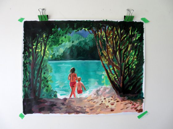 lake scene with bathers