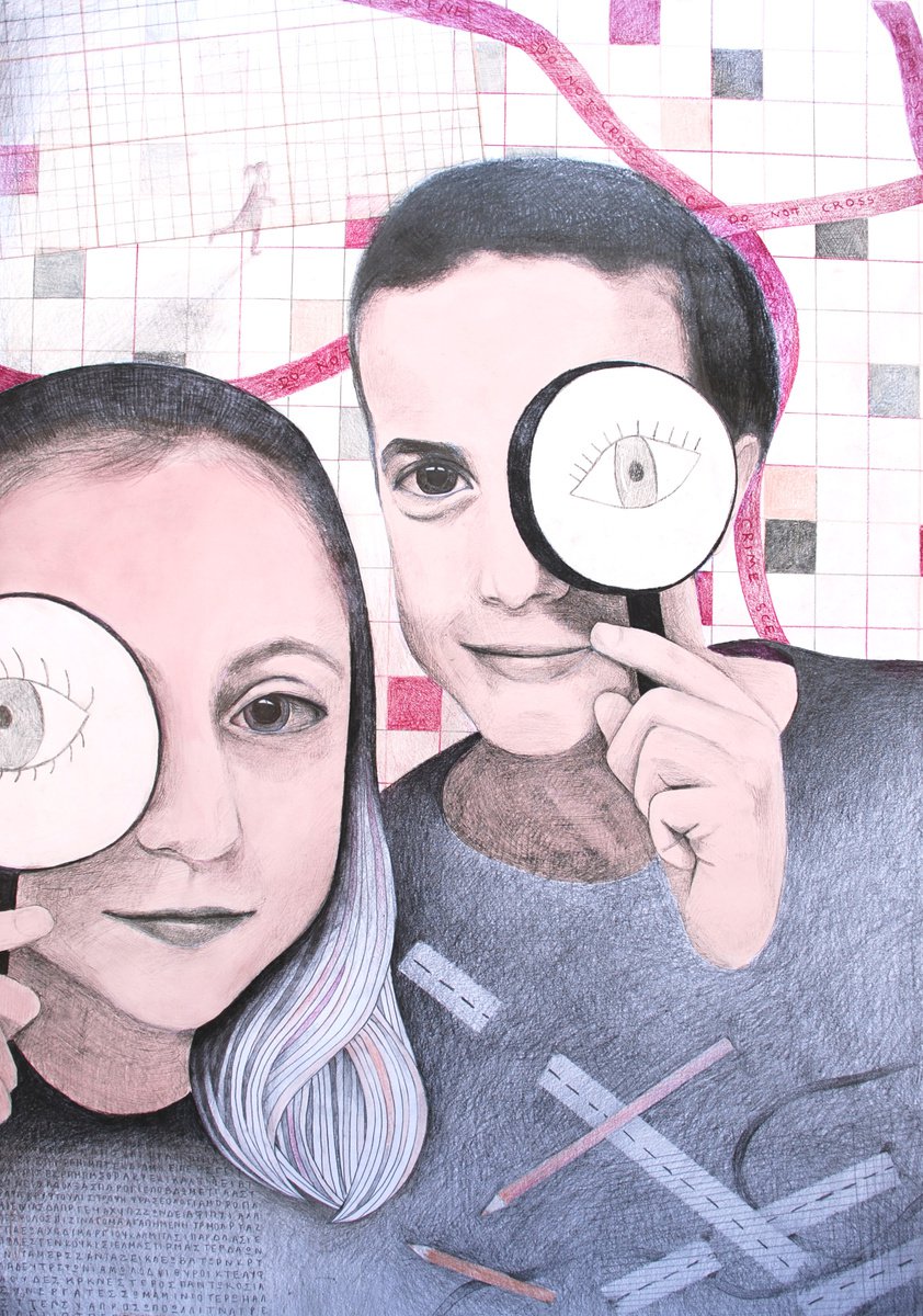 Urban And Pop Portrait Pencil Drawing By Andromachi Giannopoulou, 19 X 27, Detectives, Friends