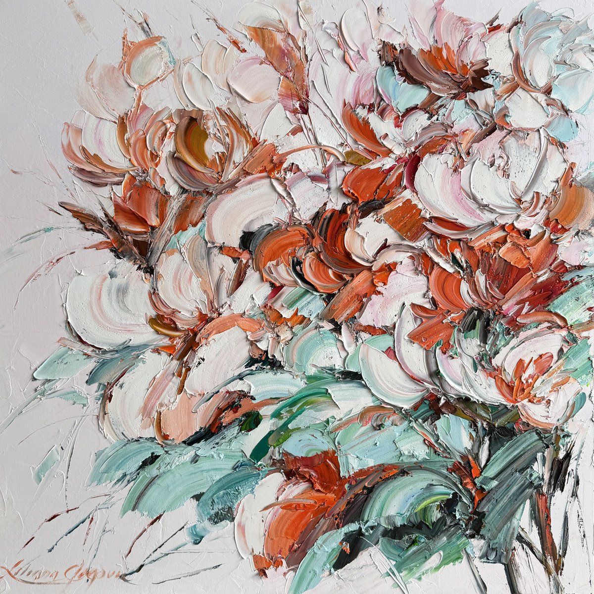 Impressionistic Botanical Oil Painting By Liliana Gigovic, 30 X 30", Love In Full Bloom, Original Artwork