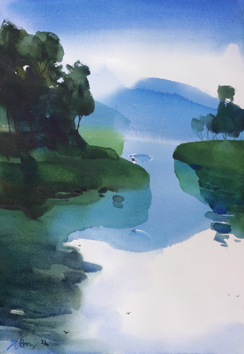 Impressionistic Landscape Watercolour By Prashant Prabhu, 15 X 22", Fishing For Quietude 3, Original Artwork