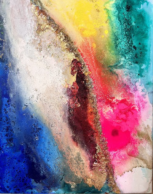 Vibrant abstract painting coral reef ocean pink gold blue with gold leaf and glitter by Henrieta Angel