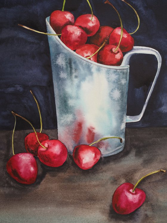 Cherries on darkness light - original watercolor artwork