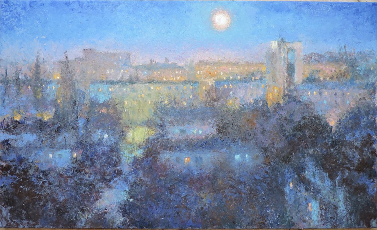 Impressionistic Landscape Oil Painting By Procach Olesia, 39 X 24", The Night That, Original Artwork