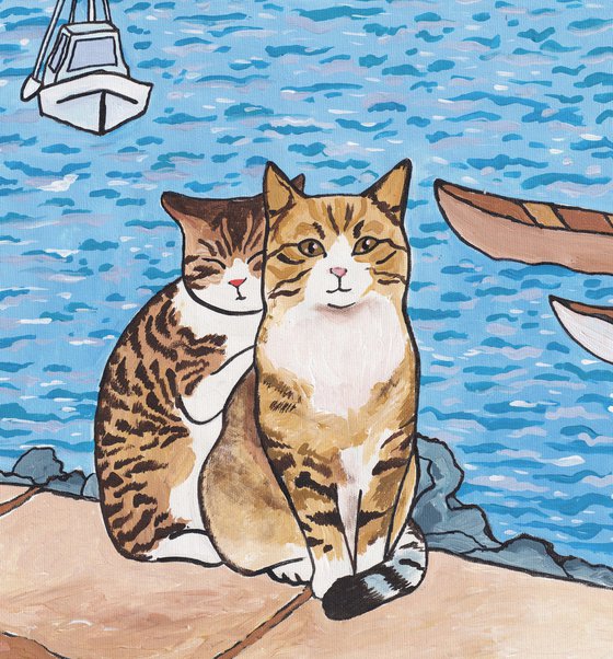 "Kittens On The Marina Embankment " Maximalist Modern Matisse-Inspired Original Painting