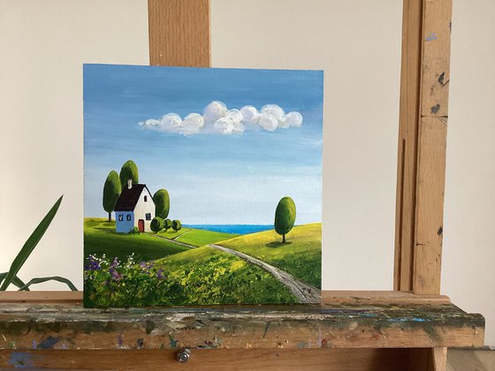 Summer landscape. Acrylic painting. Original Art. 8x 8