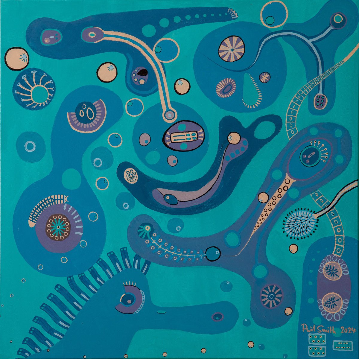 Expressive Abstract Acrylic Painting By Phil Smith, 24 X 24", Blue Marine, Original Artwork