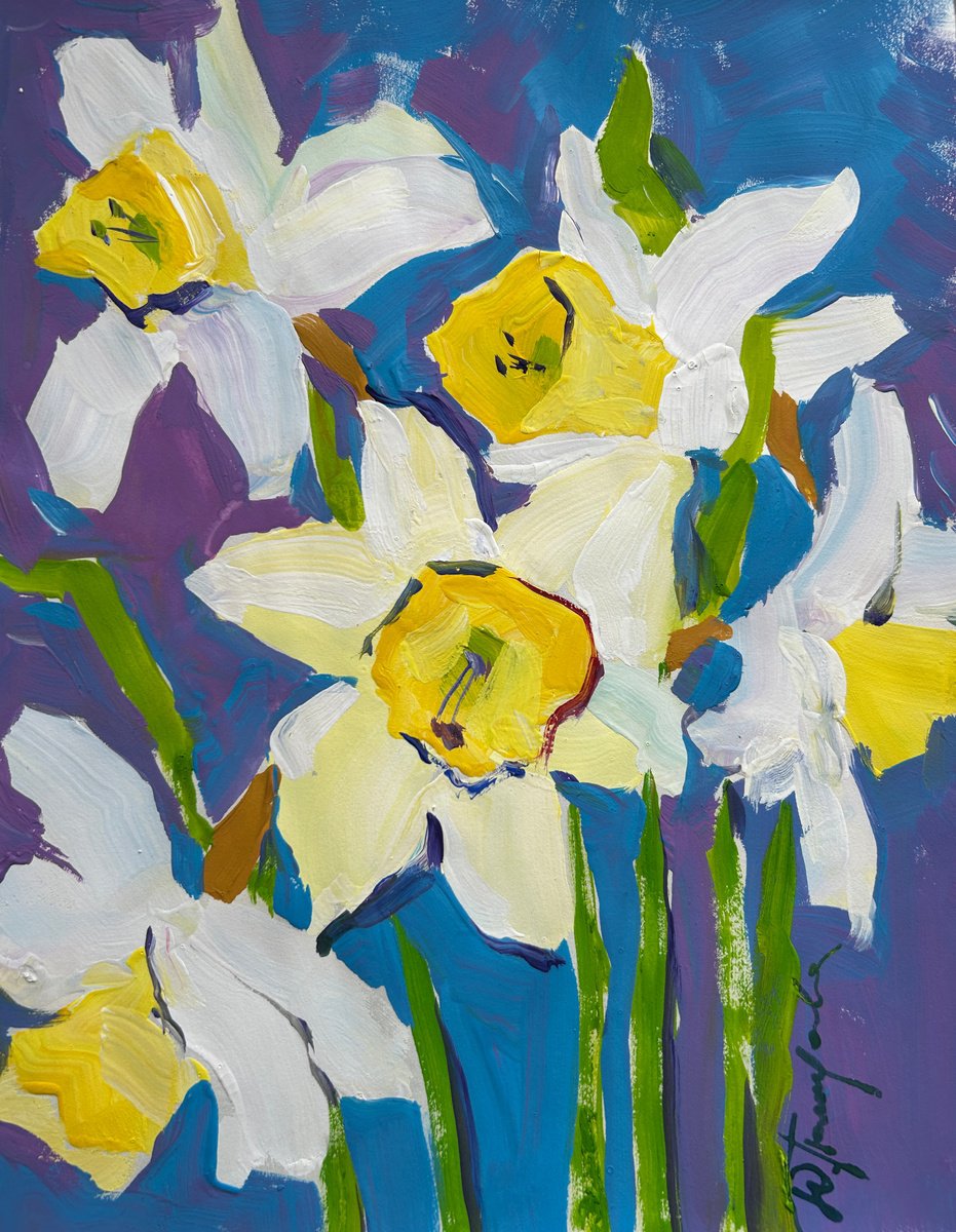 Impressionistic Botanical Painting By Yuliia Pastukhova, 10 X 12", Daffodils In Bloom, Original Artwork