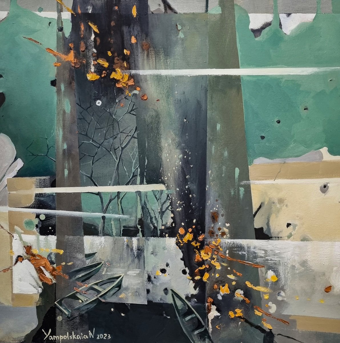 Abstract Landscape Oil Painting By Natalia Yampolskaia, 20 X 20", Lakes Of Being Ii, Original Artwork