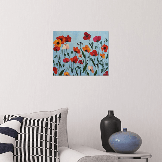 Poppies on Blue