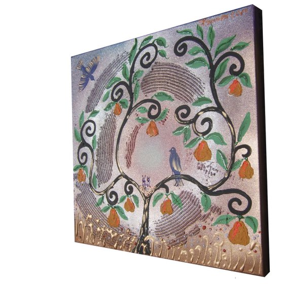 Pear tree and blue birds textured painting T014  original floral art 40x40x2 cm stretched canvas wall art