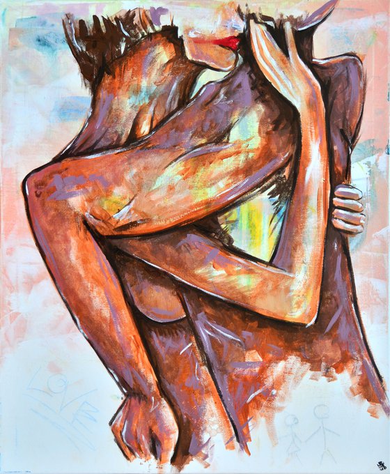 Lovers In The Wall - Original Modern Painting Art on Canvas with Floating Frame Ready To Hang