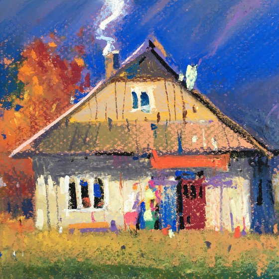 Ukrainian art Sunny Autumn day in Carpathian. Pastel on paper 19.6x19.6 inch (50x50 cm)